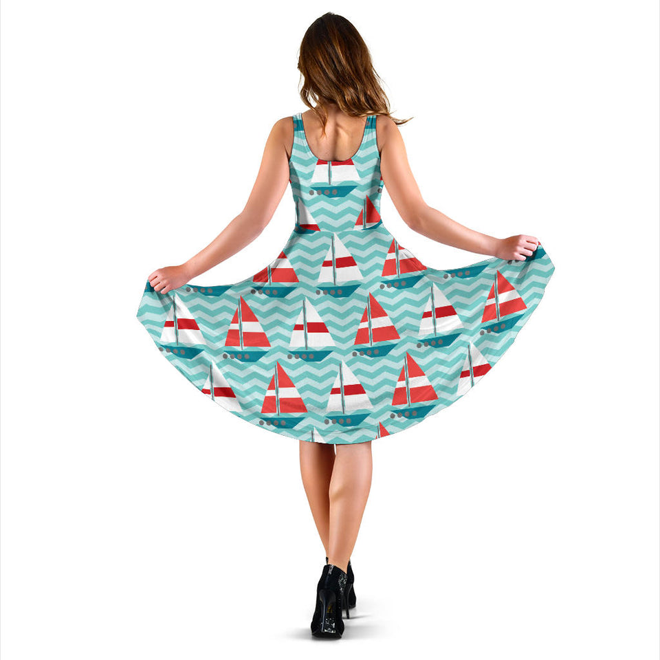 Red White Sailboat Wave Background Sleeveless Midi Dress