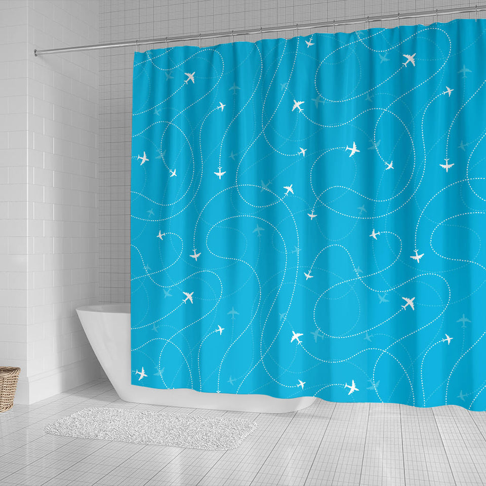 Airplane Destinations Blue Background Shower Curtain Fulfilled In US