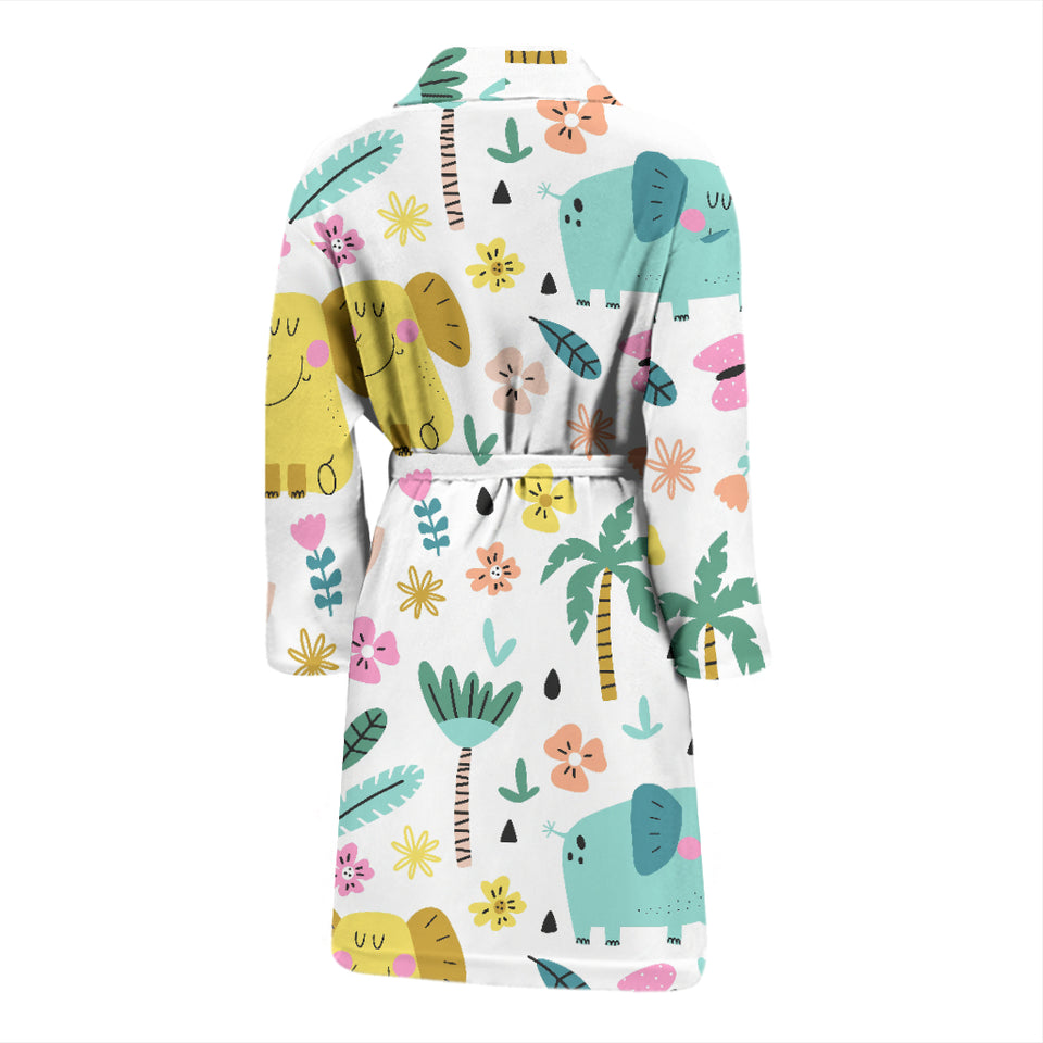 Cute Elephants Palm Tree Flower Butterfly Pattern Men'S Bathrobe