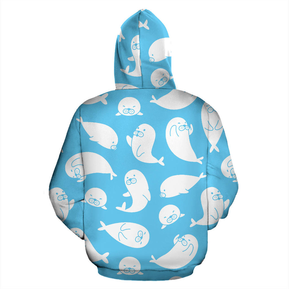 Cute White Sea Lion Seals Pattern Men Women Pullover Hoodie