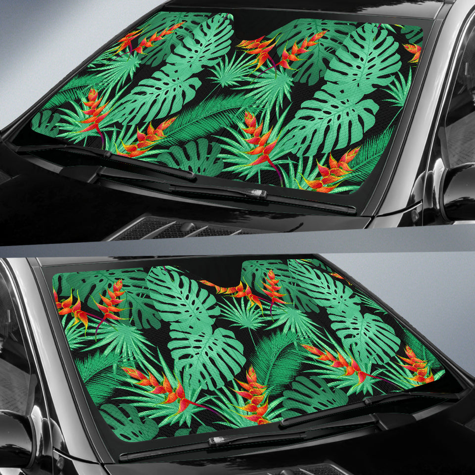 Heliconia Flower Palm Monstera Leaves Black Background Car Sun Shade