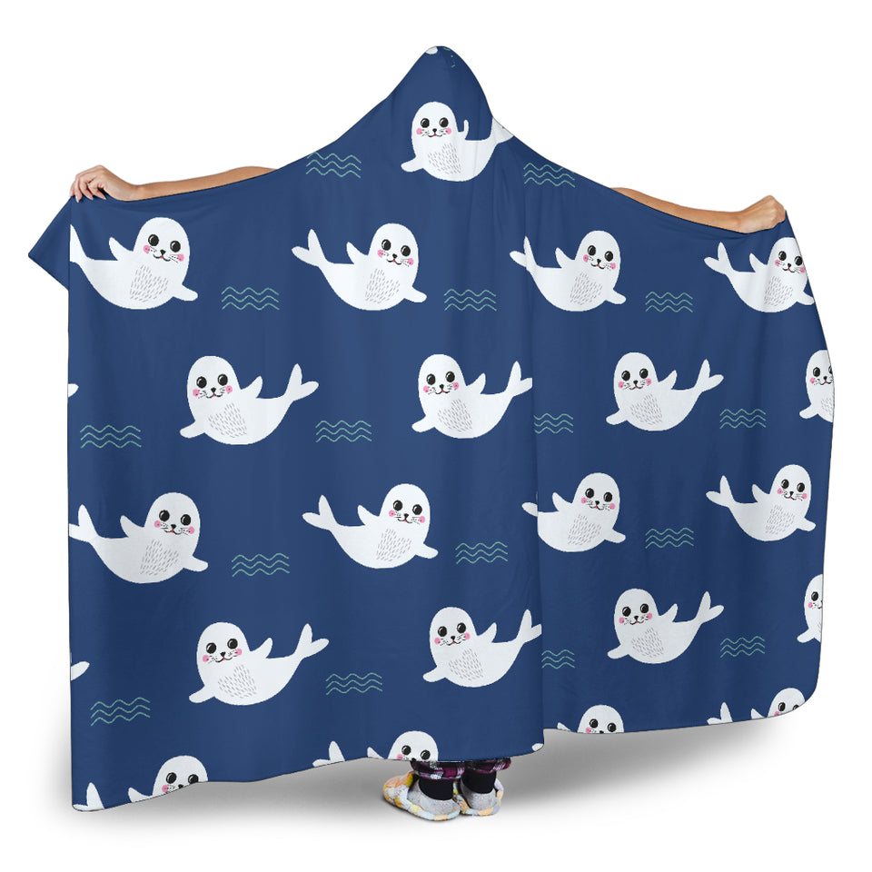 Cute White Baby Sea Lion Seal Pattern Hooded Blanket