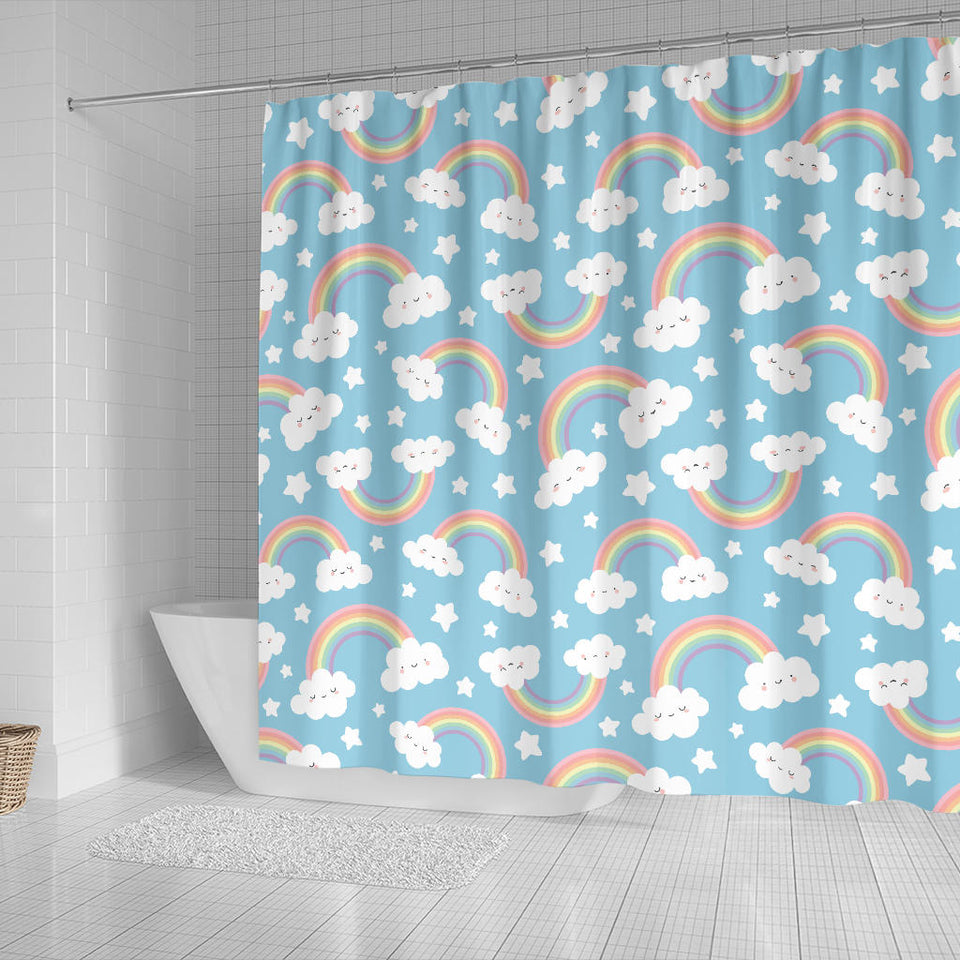 Cute Rainbow Clound Star Pattern Blue Background Shower Curtain Fulfilled In US