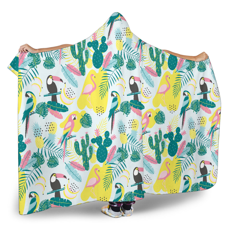 Cute Parrot Toucan Flamingo Cactus Exotic Leaves Pattern Hooded Blanket