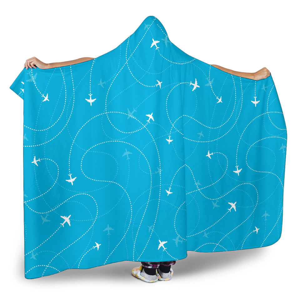 Airplane Destinations Blue Background Hooded Blanket