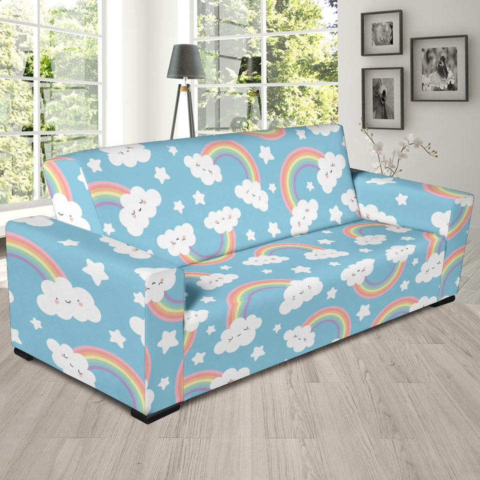 Cute Rainbow Clound Star Pattern Blue Background Sofa Slipcover