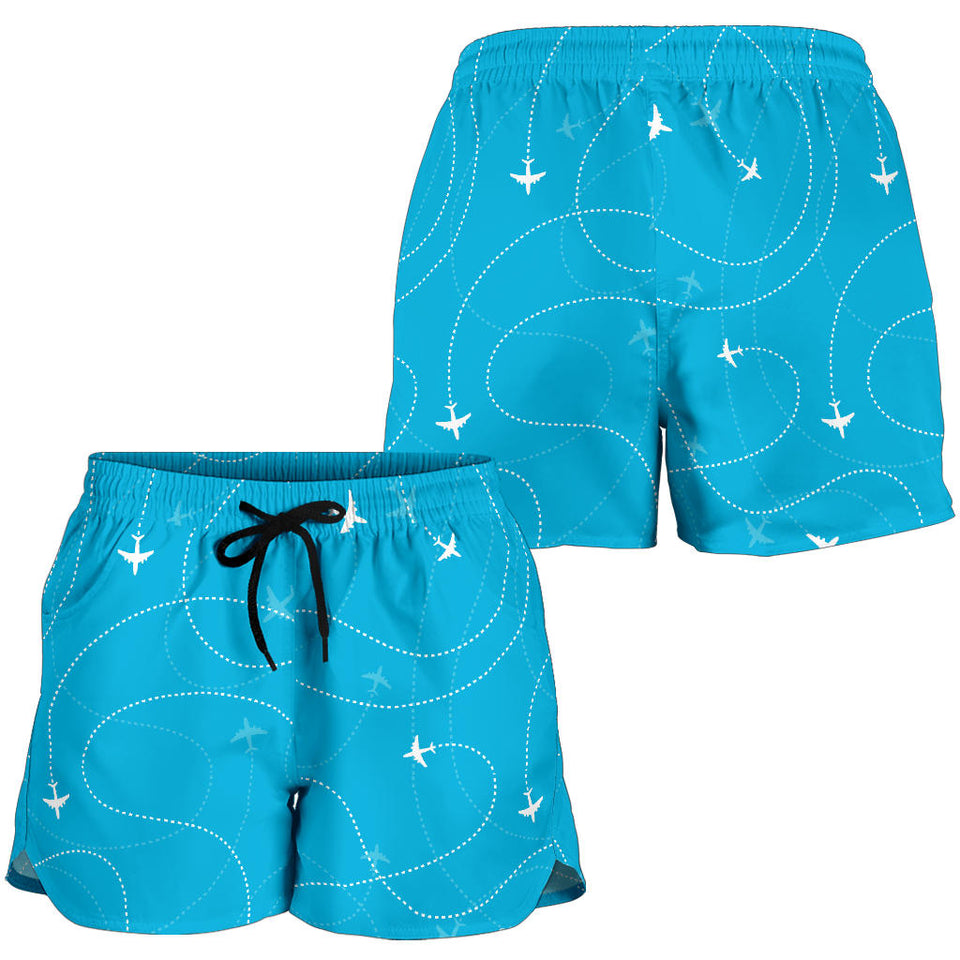 Airplane Destinations Blue Background Women Shorts