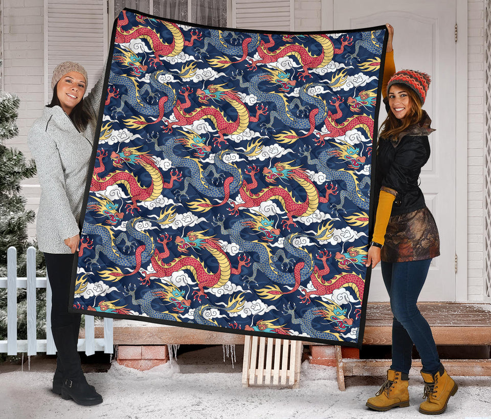 Blue Red Dragon Cloud Pattern Premium Quilt