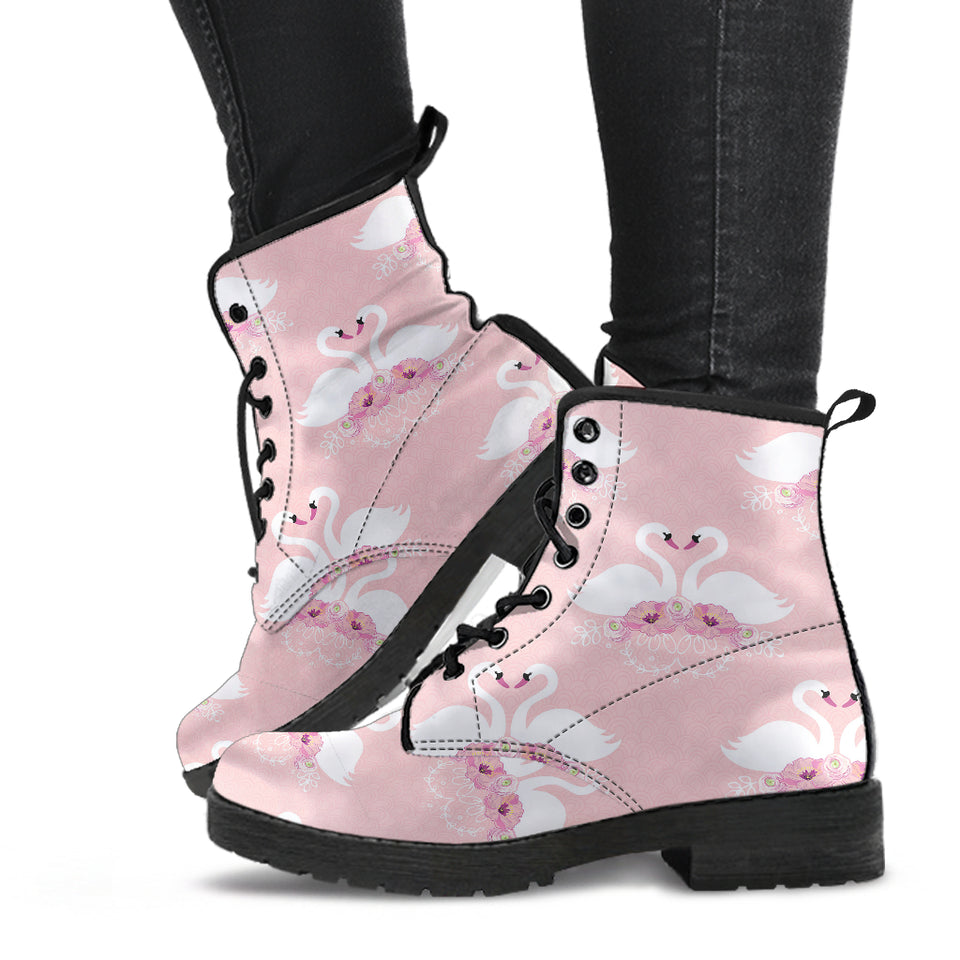 White Swan And Flower Love Pattern Leather Boots