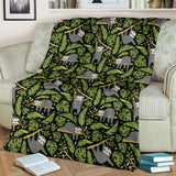 Cute Sloths Tropical Palm Leaves Black Background Premium Blanket