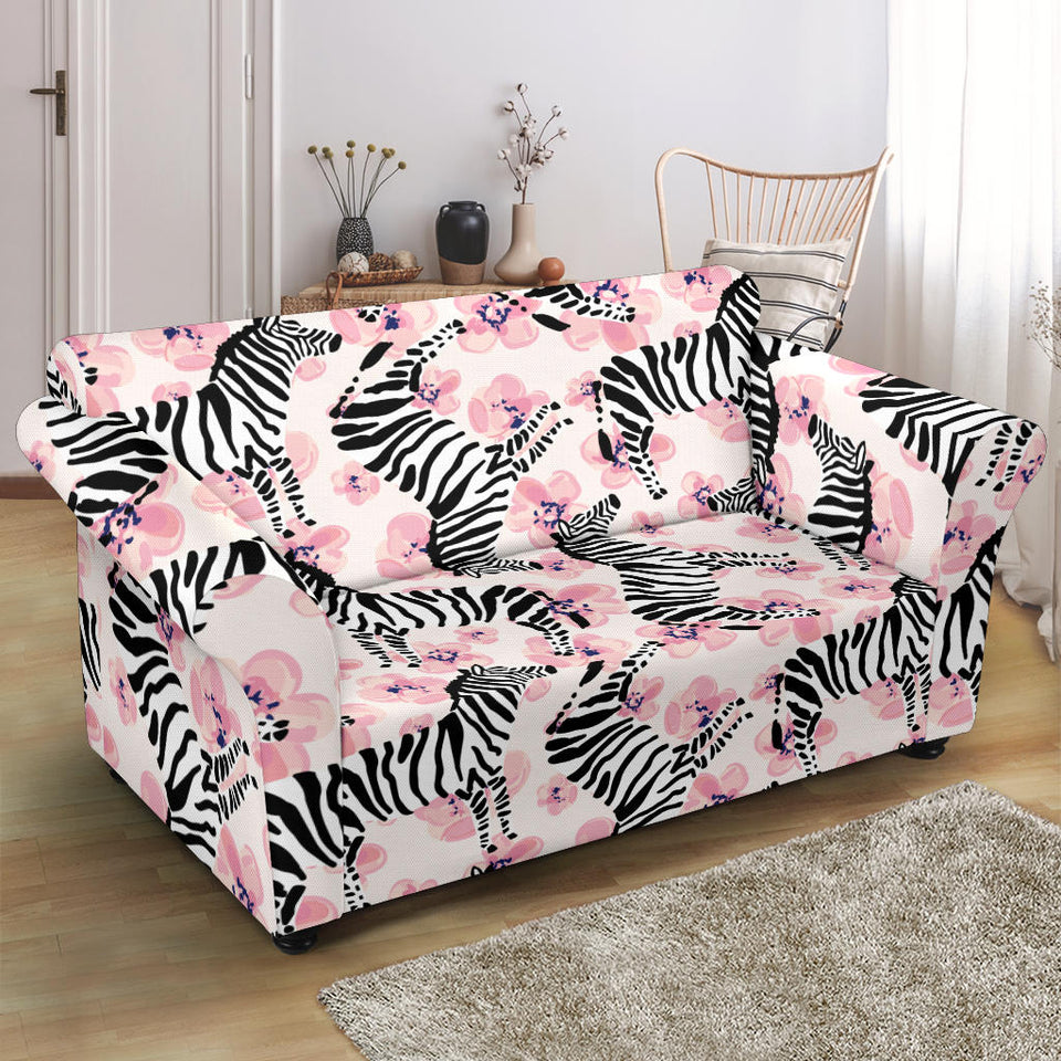 Zebra Pink Flower Background Loveseat Couch Slipcover