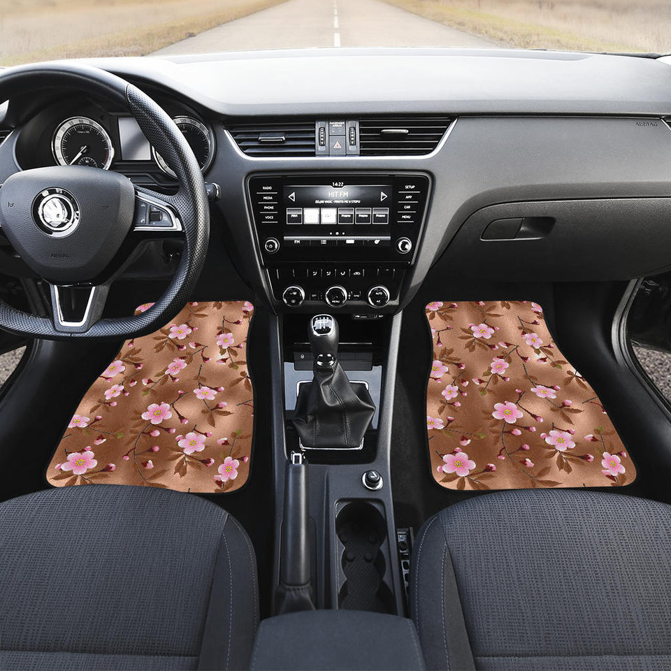 Pink Sakura Cherry Blossom Drak Brown Background Front And Back Car Mats