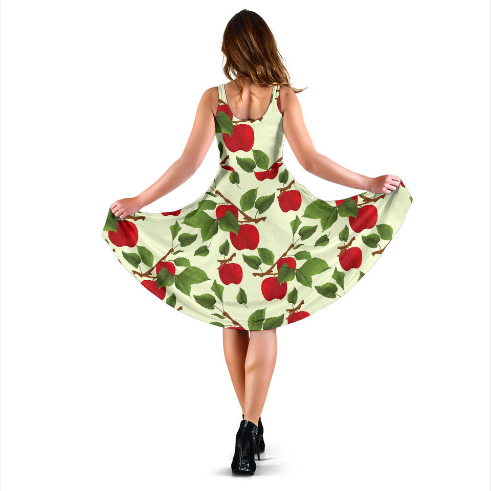 Red Apples Leaves Pattern Sleeveless Midi Dress