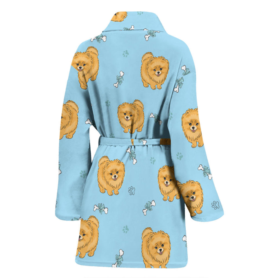 Brown Cute Pomeranian Blue Blackground Women'S Bathrobe