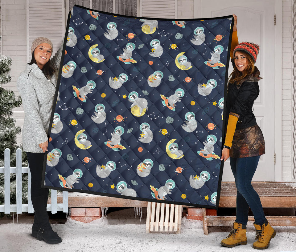 Cute Sloth Astronaut Star Planet Rocket Pattern Premium Quilt
