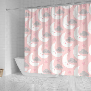 Cute Moon Cloud Star Pattern Pink Dot Background Shower Curtain Fulfilled In US