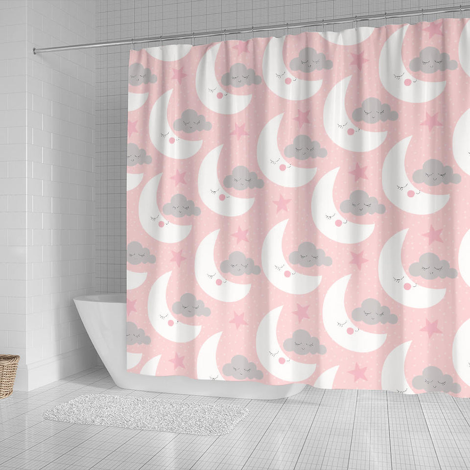 Cute Moon Cloud Star Pattern Pink Dot Background Shower Curtain Fulfilled In US