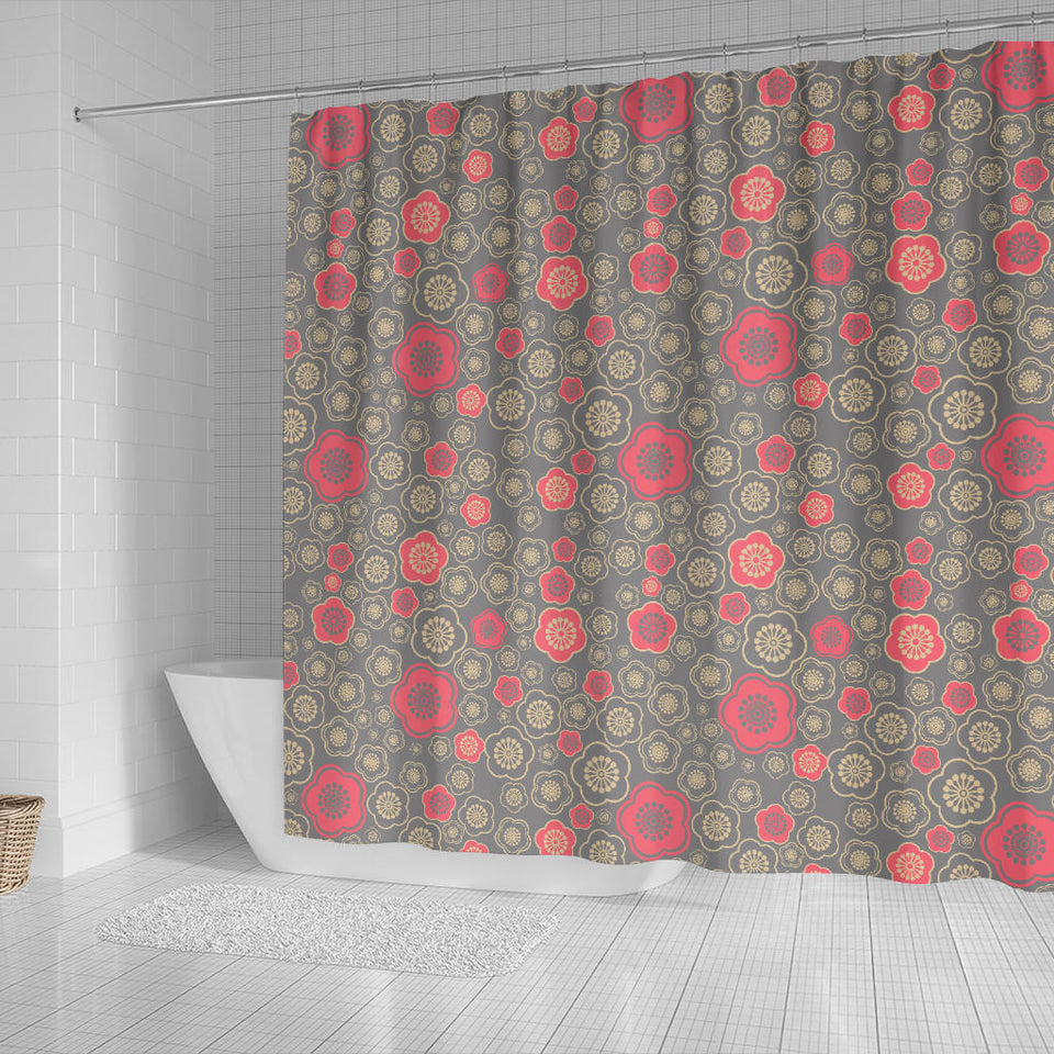Red Gold Sakura Cherry Blossom Gray Background Shower Curtain Fulfilled In US