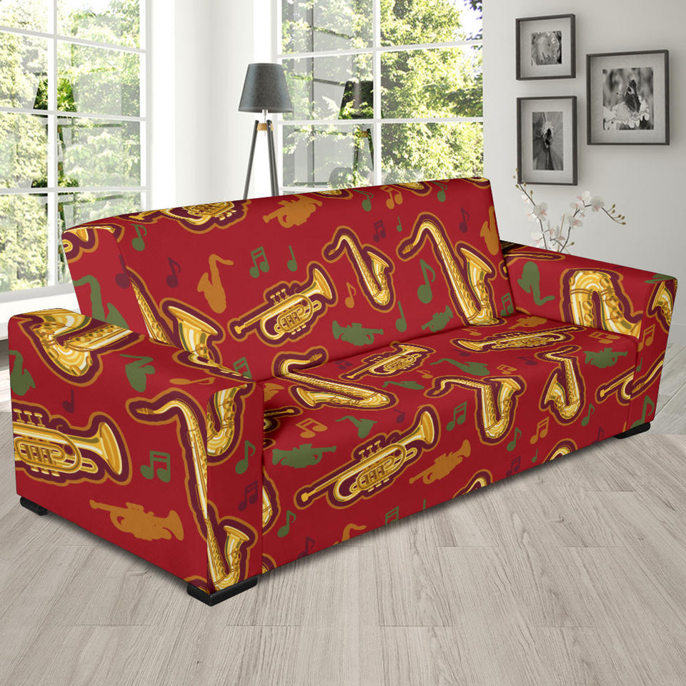 Saxophone Cornet Pattern Red Background Sofa Slipcover