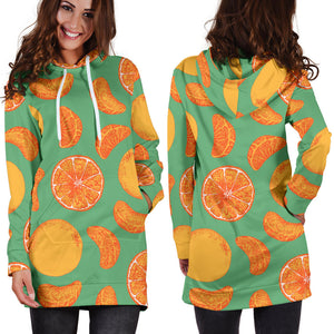Orange Fruit Pattern Green Background Women'S Hoodie Dress