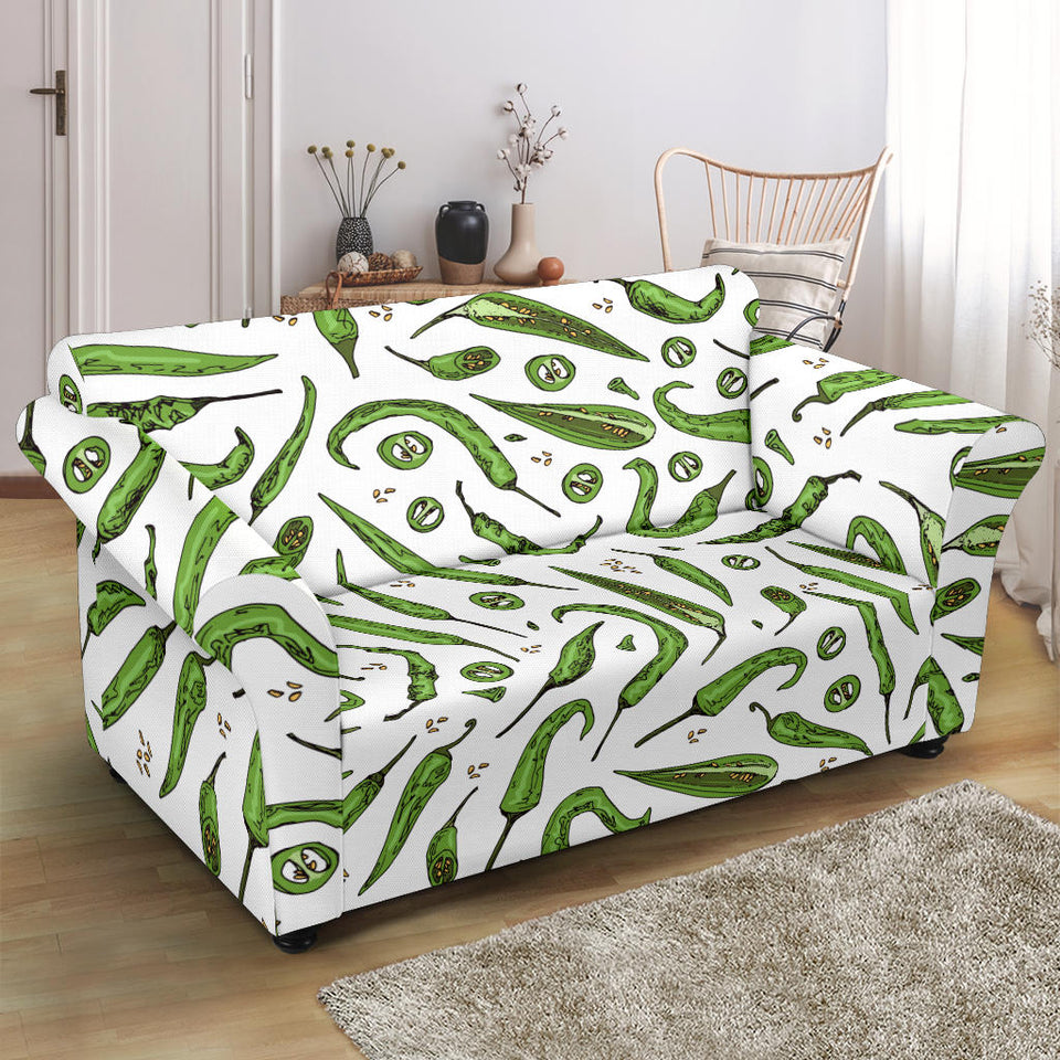 Hand Drawn Sketch Style Green Chili Peppers Pattern Loveseat Couch Slipcover