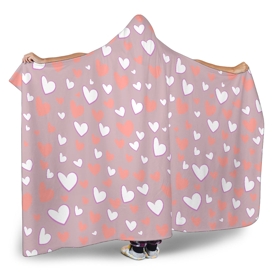 Coral White Heart Pattern Hooded Blanket