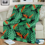 Heliconia Flower Palm Monstera Leaves Black Background Premium Blanket