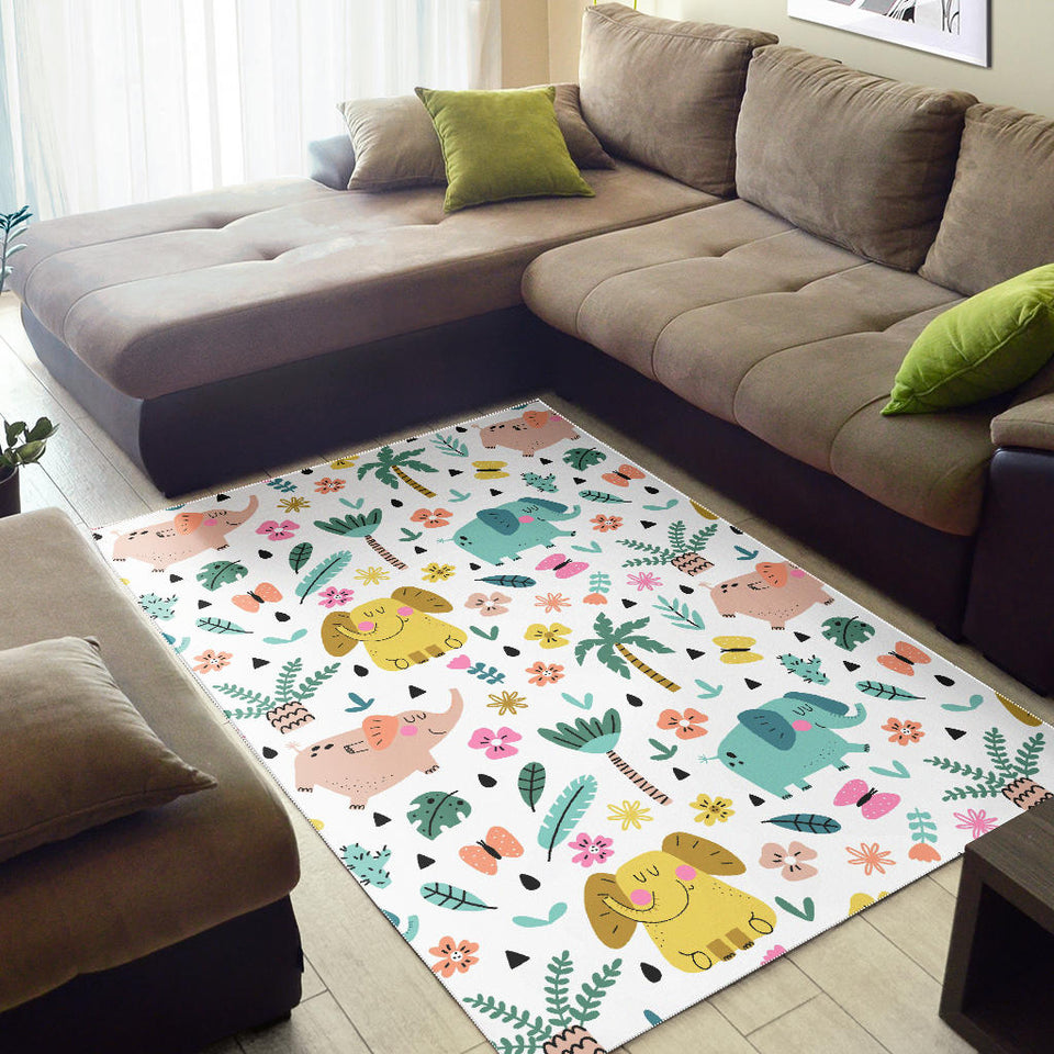 Cute Elephants Palm Tree Flower Butterfly Pattern Area Rug
