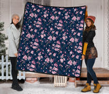 Pink Sakura Cherry Blossom Blue Background Premium Quilt