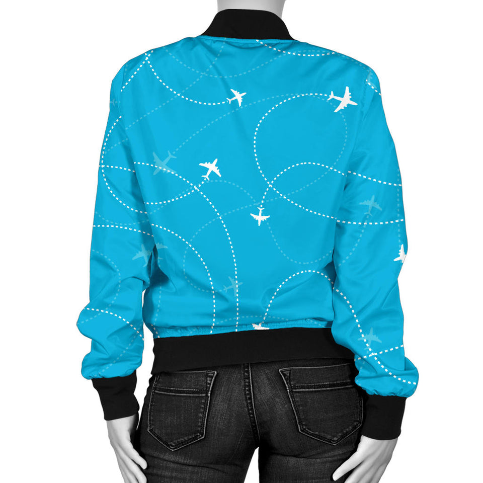 Airplane Destinations Blue Background Women'S Bomber Jacket