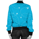 Airplane Destinations Blue Background Women'S Bomber Jacket