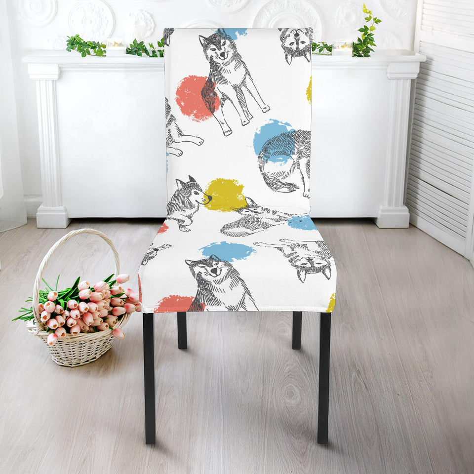 Siberian Husky And Colorful Circle Pattern Dining Chair Slipcover