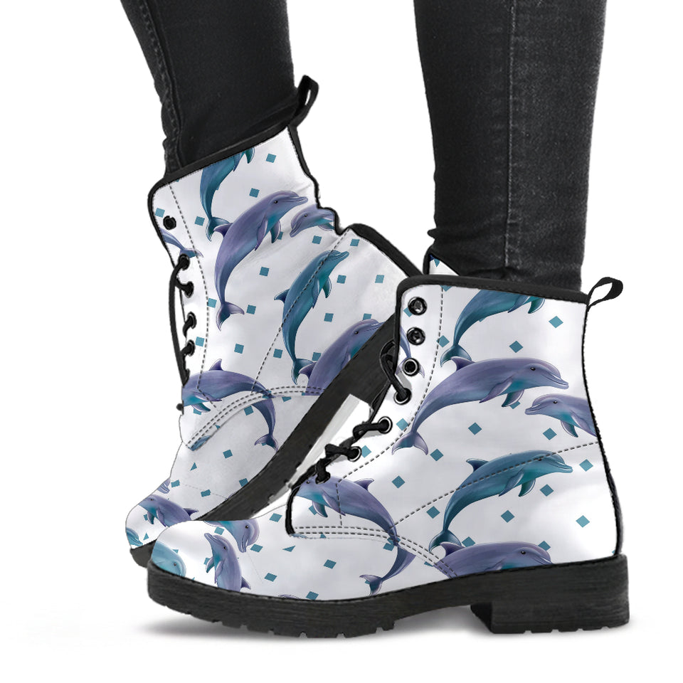Dolphins Pattern Dotted Background Leather Boots