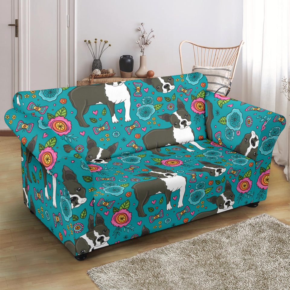 Boston Terrier Beautiful Flower Pattern Loveseat Couch Slipcover