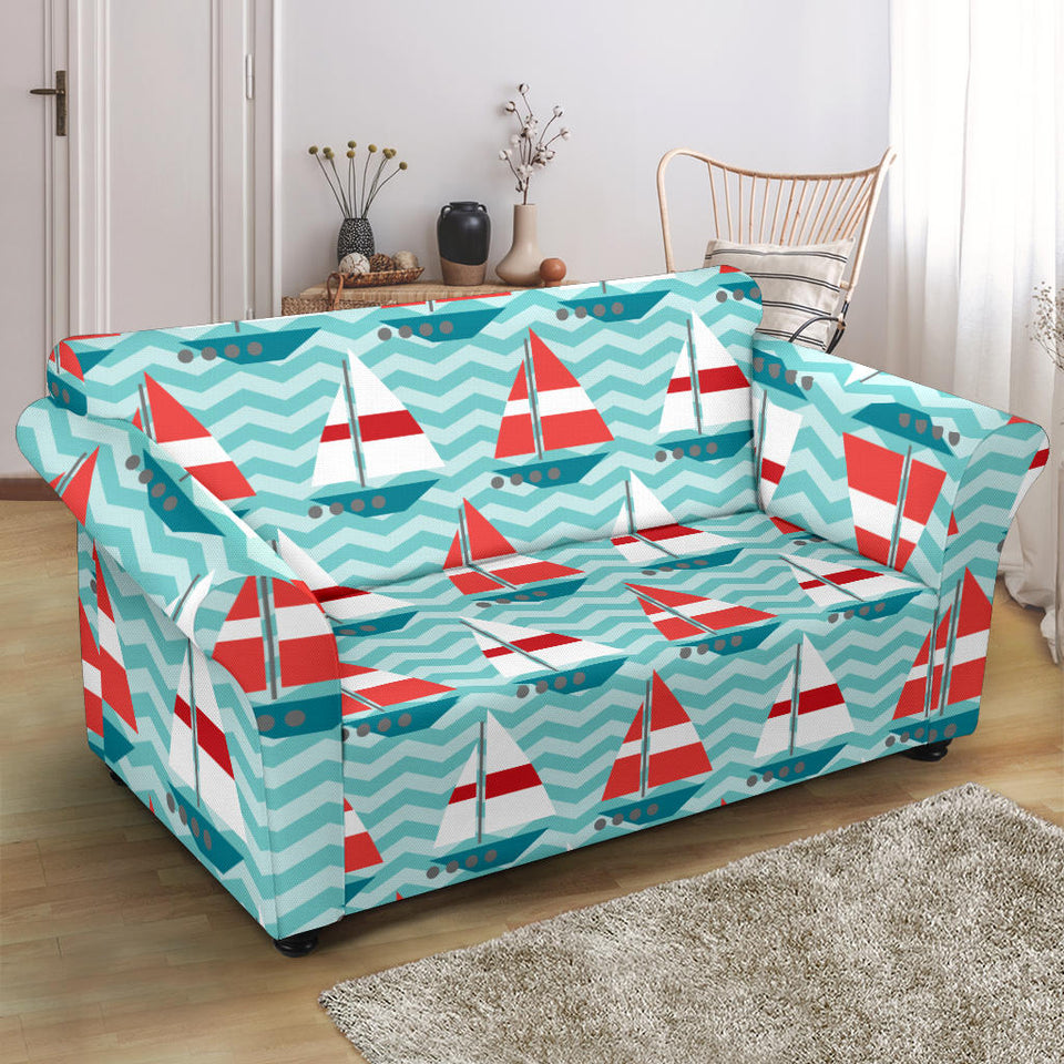 Red White Sailboat Wave Background Loveseat Couch Slipcover