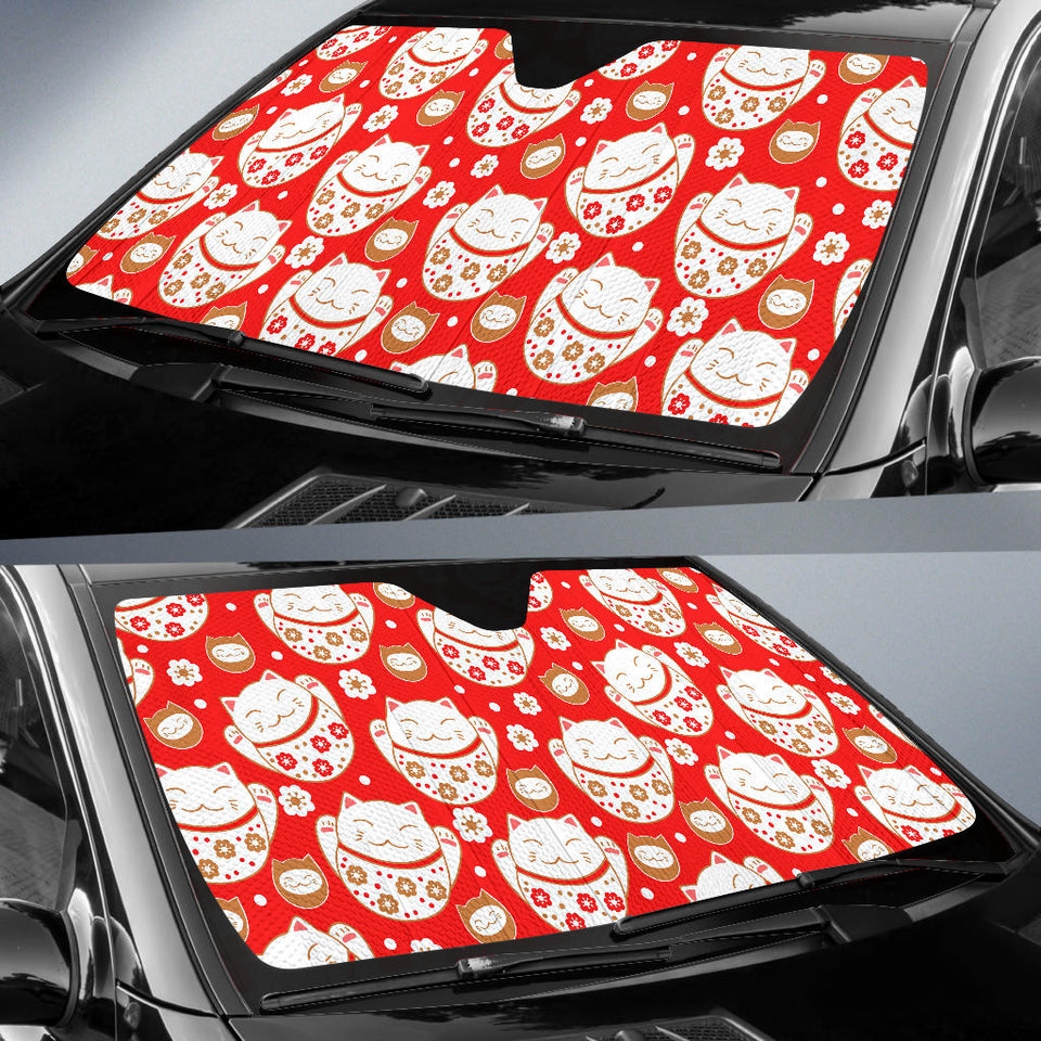 Cute Maneki Neko Cat Red Background Car Sun Shade