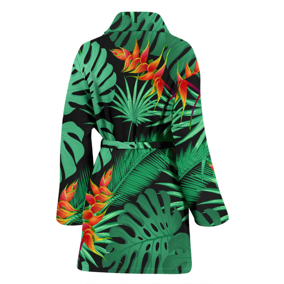 Heliconia Flower Palm Monstera Leaves Black Background Women'S Bathrobe