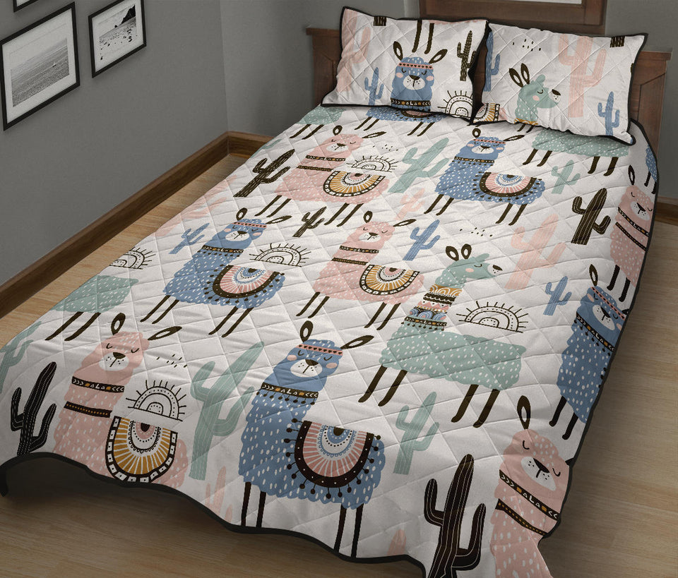lama Alpaca cactus hand drawn pattern Quilt Bed Set