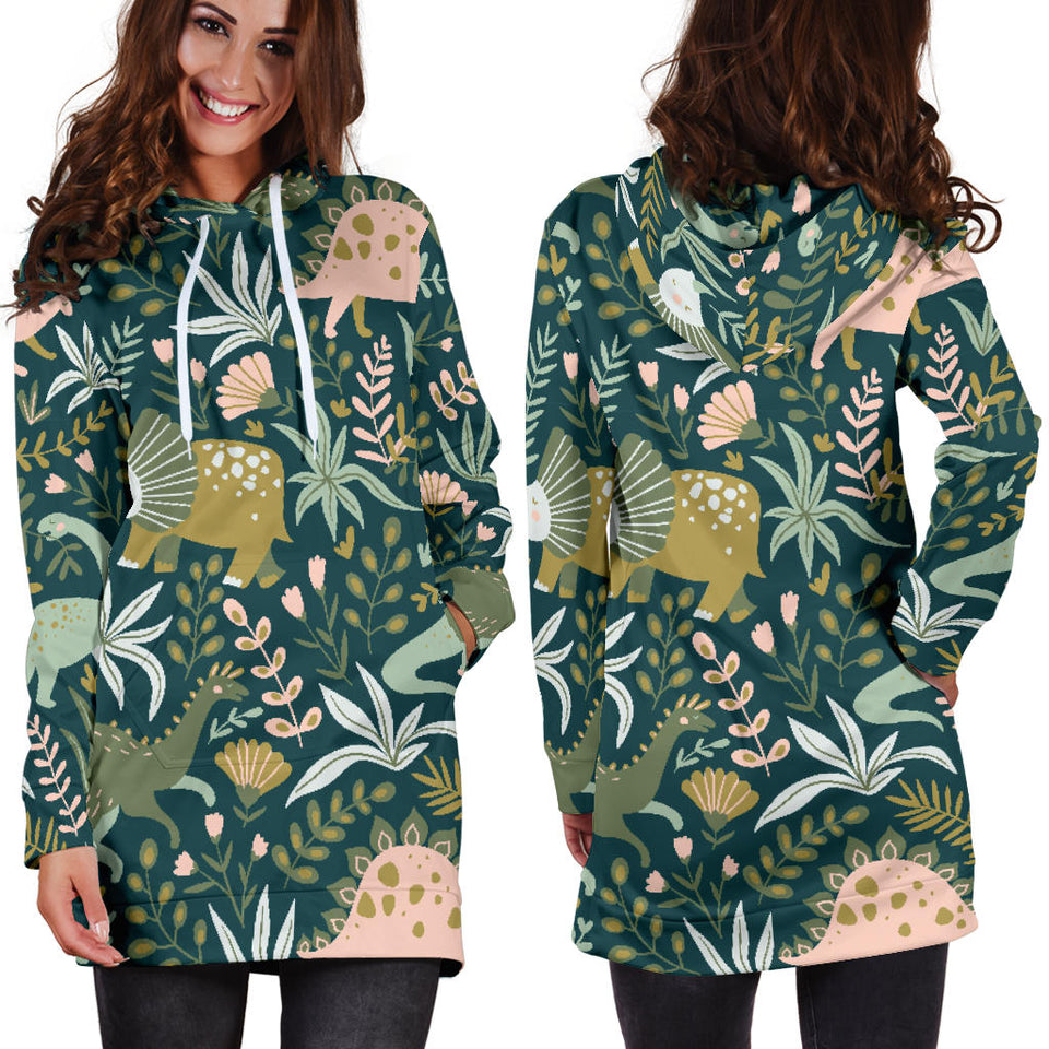 Dinosaurs Tropical Leaves Flower Pattern Women'S Hoodie Dress