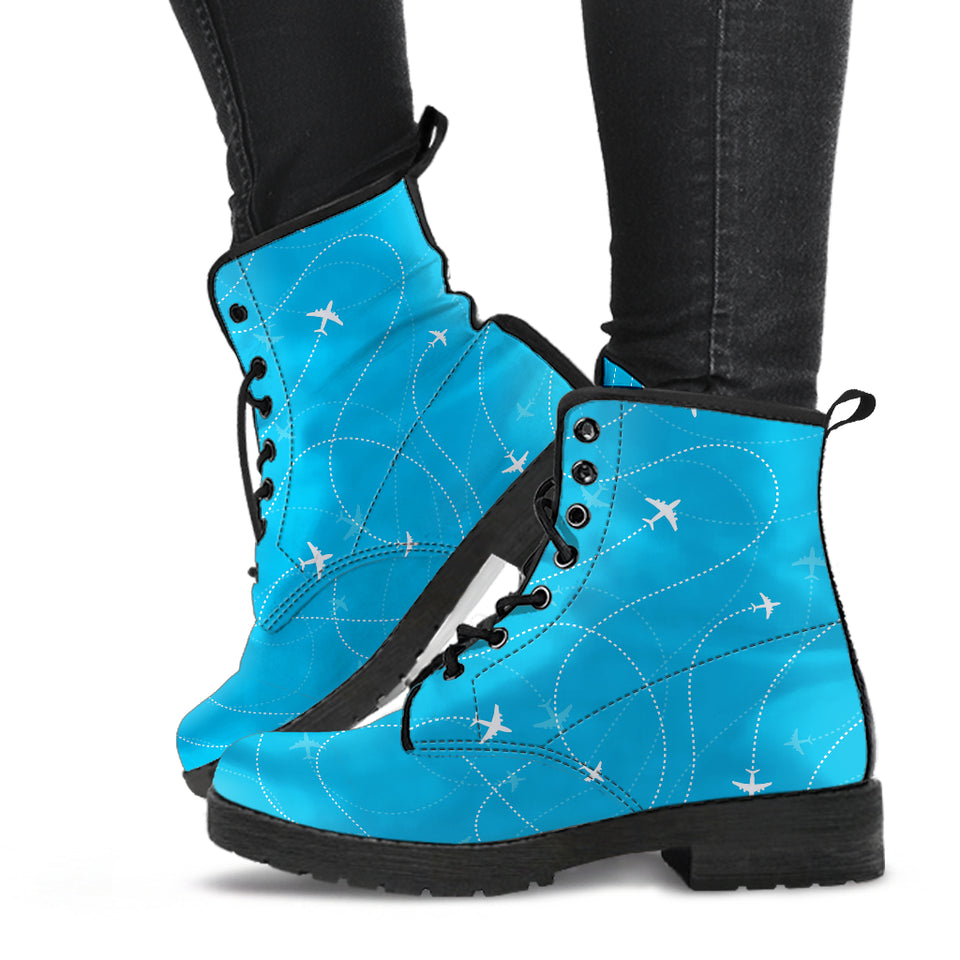 Airplane Destinations Blue Background Leather Boots