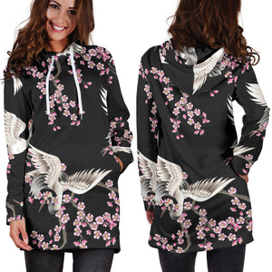 Japanese Crane Pink Sakura Pattern Women'S Hoodie Dress