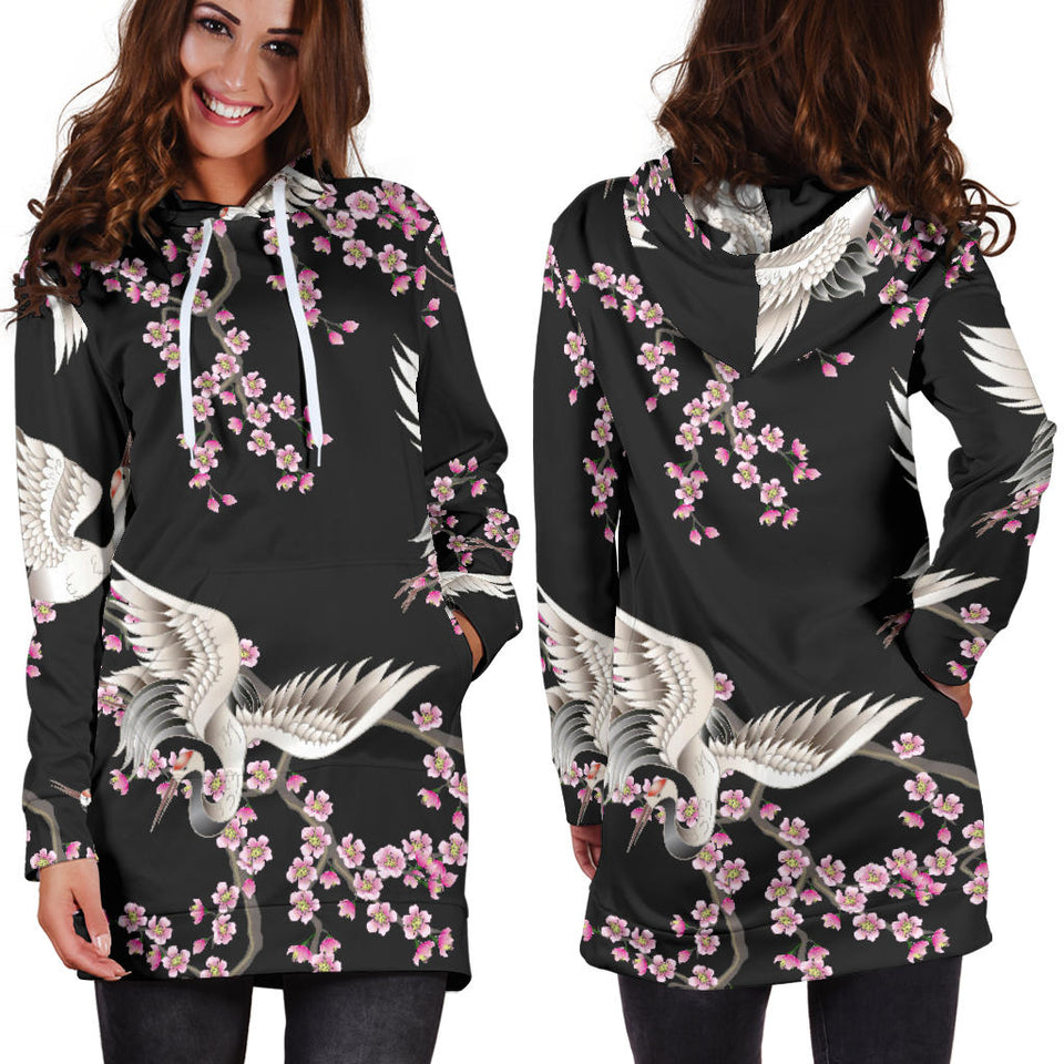 Japanese Crane Pink Sakura Pattern Women'S Hoodie Dress