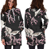 Japanese Crane Pink Sakura Pattern Women'S Hoodie Dress