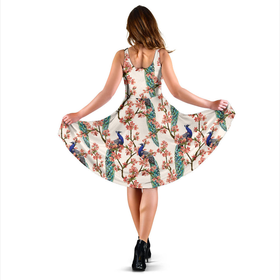 Peacock Tropical Flower Pattern Sleeveless Midi Dress