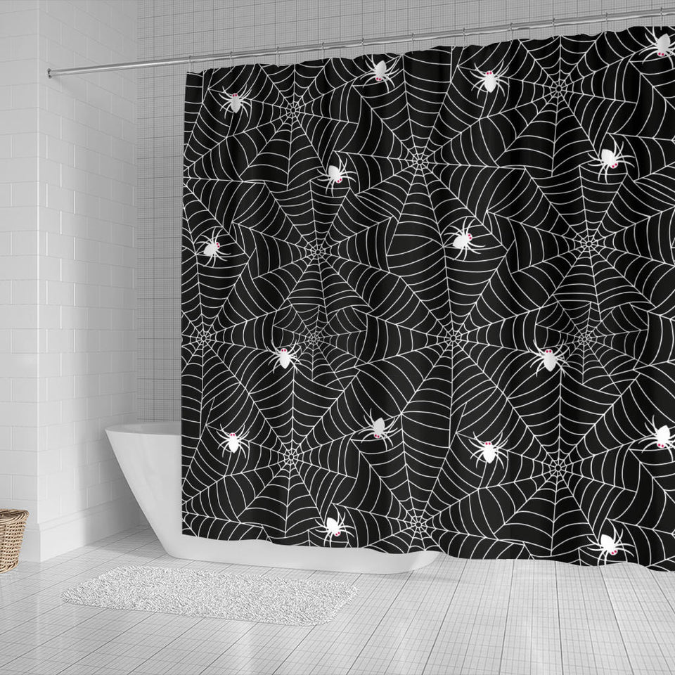 Spider Web Design Pattern Black Background White Cobweb Shower Curtain Fulfilled In US