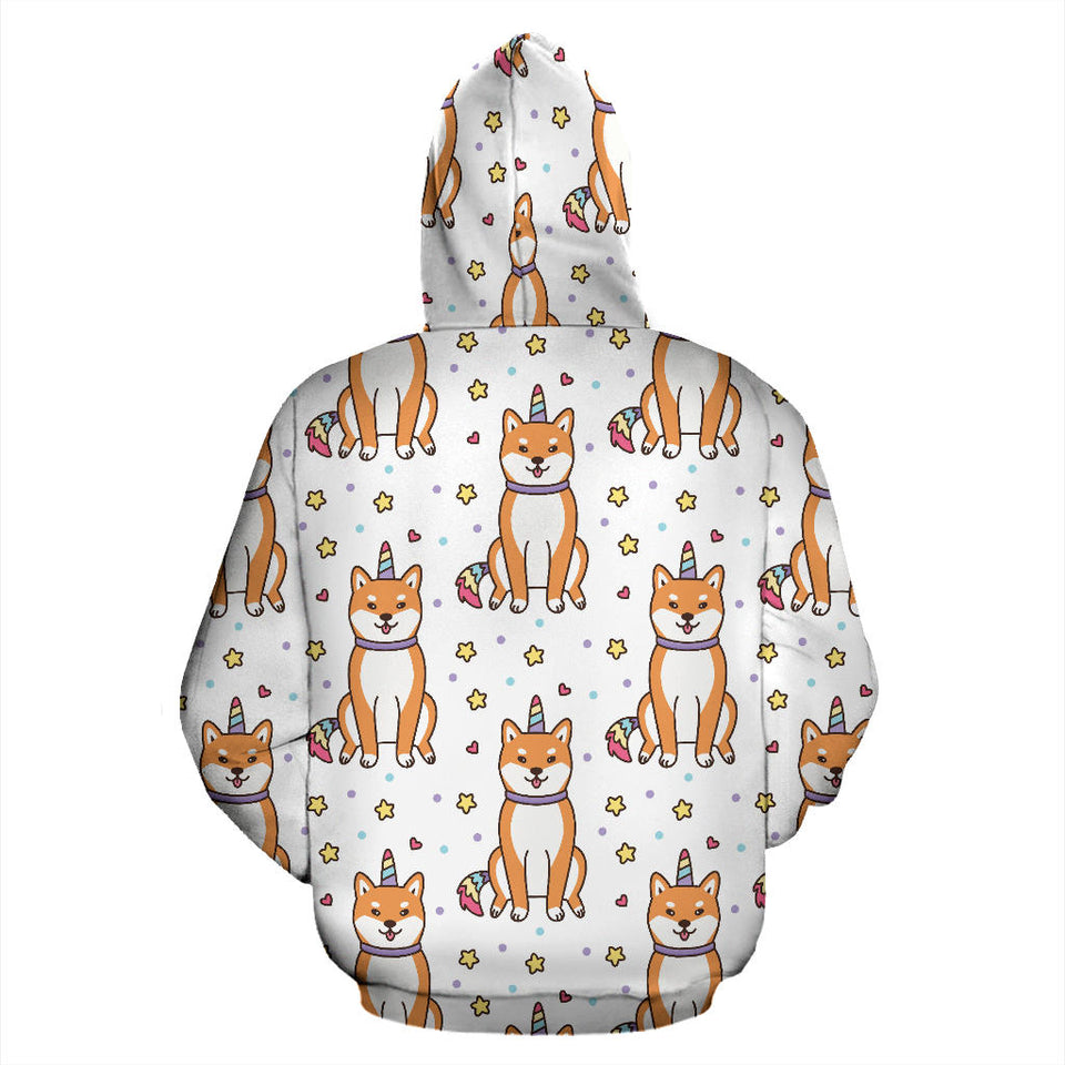 Shiba Inu Unicorn Costume Horn Colorful Tail Pattern Men Women Pullover Hoodie