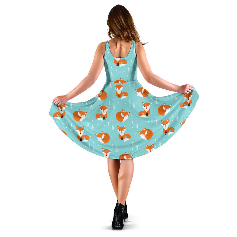 Fox Pattern Blue B Ackground Sleeveless Midi Dress