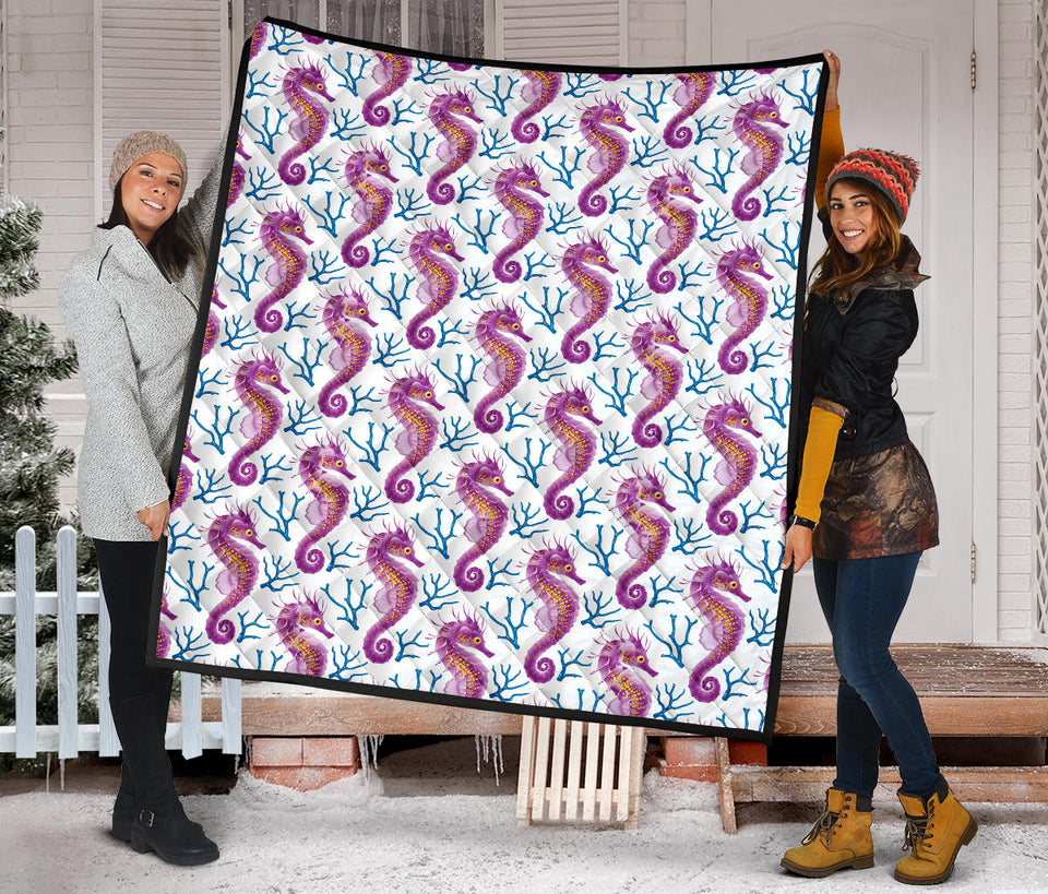 Purple Seahorse Blue Coral Pattern Premium Quilt
