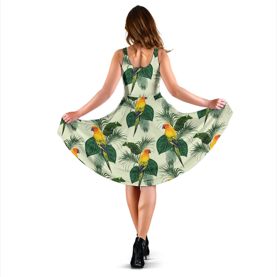Beautiful Parrot Palm Leaves Pattern Sleeveless Midi Dress