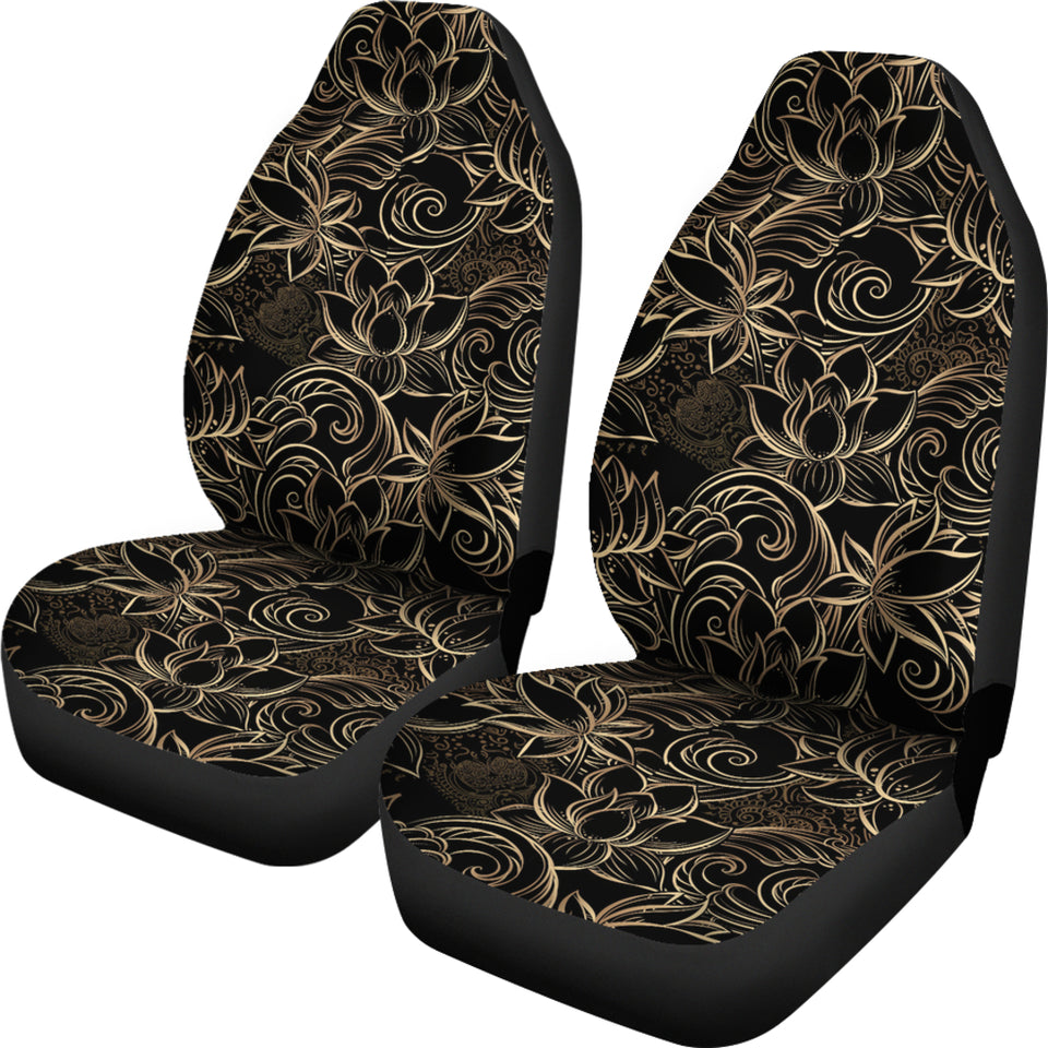 Luxurious Gold Lotus Waterlily Black Background Universal Fit Car Seat Covers